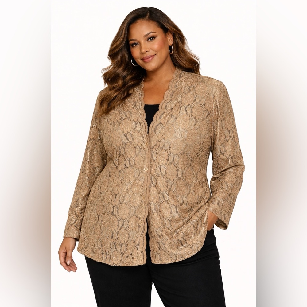 Karen‎ Scott Metallic Gold Lace Jacket 3X Vintage Glam